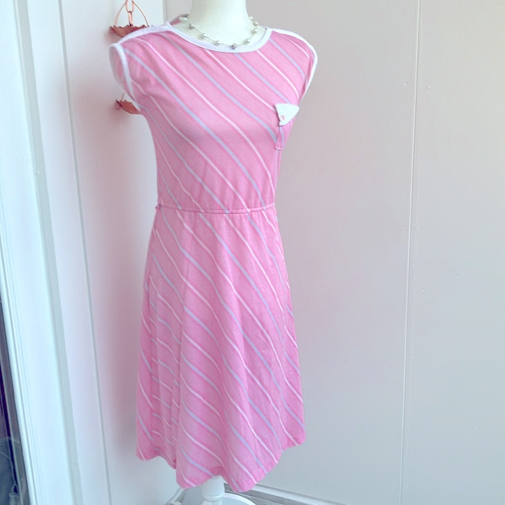 Vintage 60s 70s Preppy Pastel Pink, White, Blue Striped Fit & Flare Midi Dress